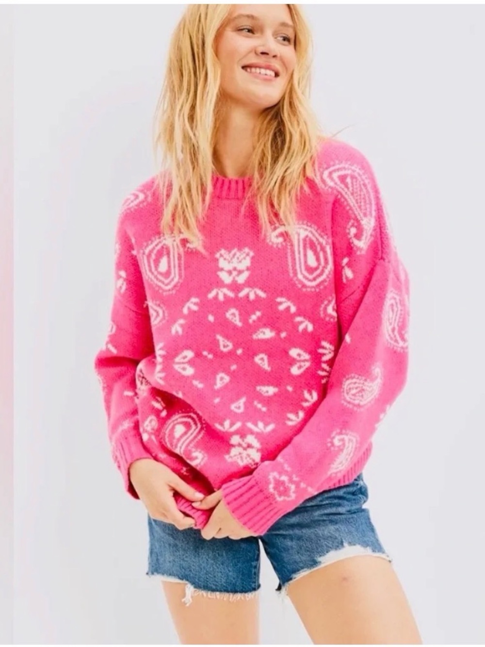 American Eagle Bright Pink Paisley Knit Sweater